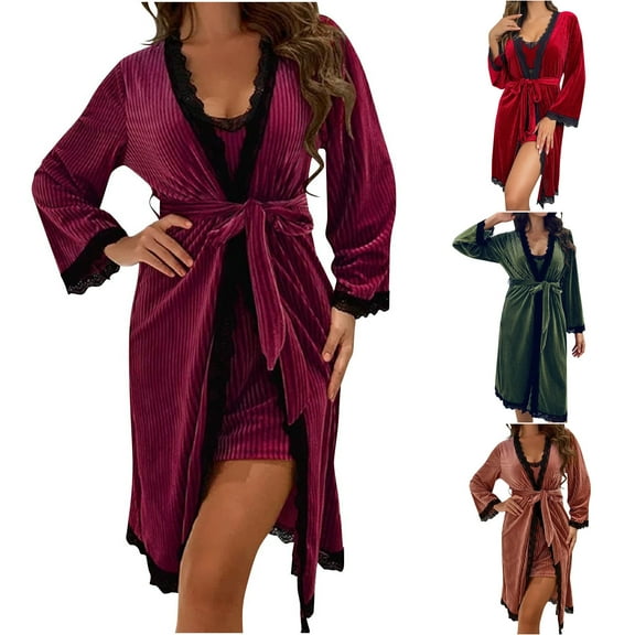 Feancey Sleepwear Robes for Women Long Velvet Bathrobe Dressy Trendy Lace Trim Bridal Wedding Party Robe Full Length Belted Nightgowns Purple S