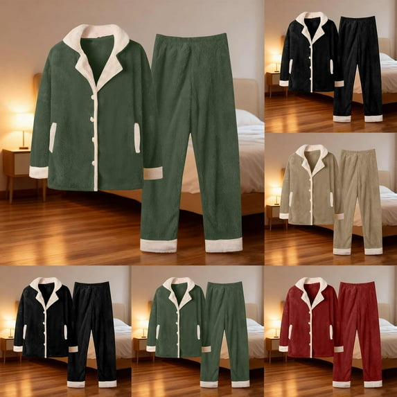 Feancey Sleepwear Two Piece Fleece Lounge Sets for Women with Pockets Winter Soft Pajama 2 Pieece Casual Lapel Button Down Shirts and Pants Loungewear Set Christmas Sales Today Light Blue M