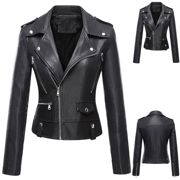 Feancey Slim Fit Leather Jacket Women Cropped Lapel Motocycle Jackets Windproof Casual Zip up Bomber Jacket Faux PU Trench Coat with Zipper Pockets Black L