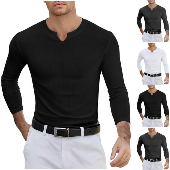 Feancey Slim Fit Long Sleeve Shirts for Men Notch V Neck T-Shirts Ribbed Knit Casual Business Work Shirt Solid Color Basic Tees White M
