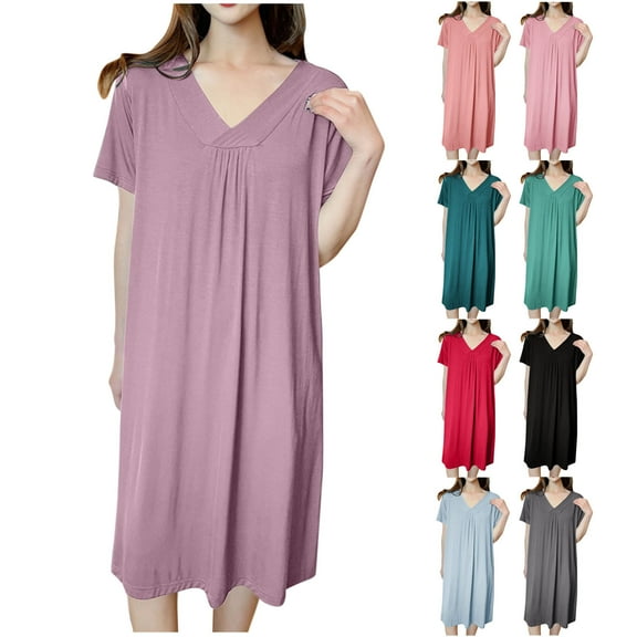 Feancey Soft Nightgown for Women Short Sleeve V Neck Sleepwear Lightweight Casual Modal Sleep Dress Pleated Loose Nightshirts Spring Clearance Sale Gray L