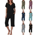 thumbnail image 1 of Feancey Soft Pjs for Women Set Summer Short Sleeve V Neck Pajama and Capri Pant Lounge Sets Solid Color Loose Sleepwear 2 Piece Outfits Sale Of The Day Army Green L, 1 of 10