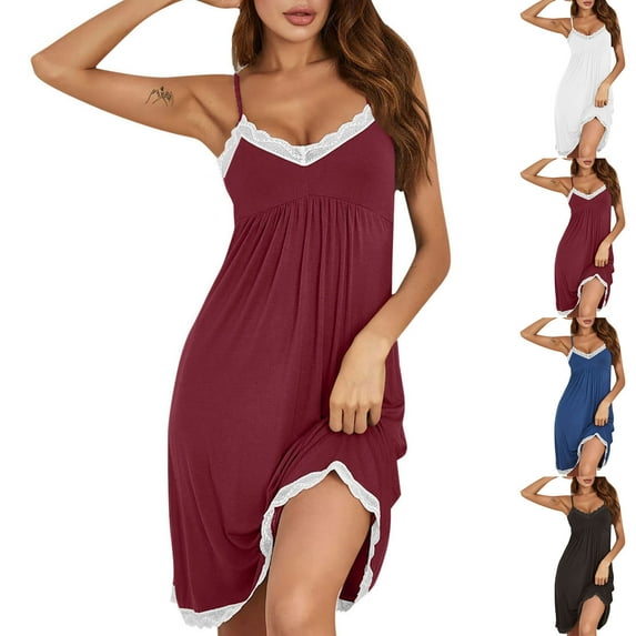 Feancey Spaghetti Strap Nightgowns for Women Lace Trim V Neck Sleepwear High Waist Casual Pleated Nightshirts Cozy Soft Pajama Dress Blue XL