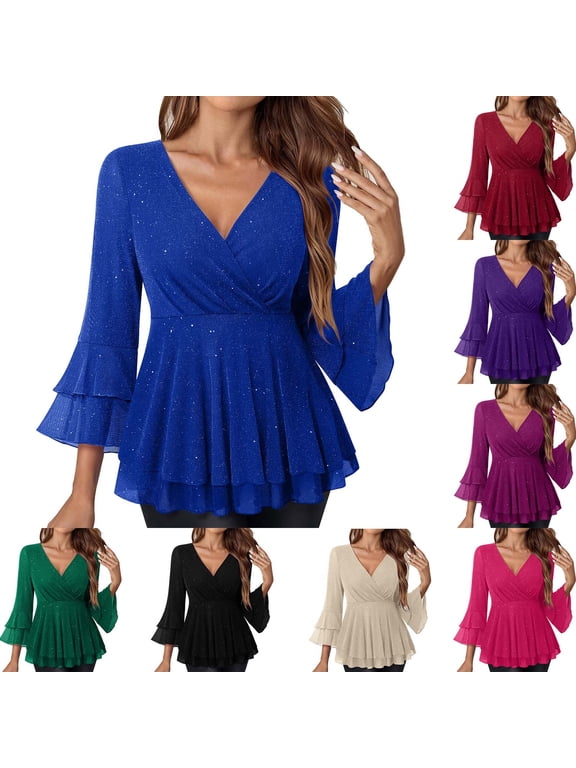 Sparkly Party Blouses for Women 3/4 Flare Sleeve V Neck Tunic Tops Double Layers Mesh Shirts Dressy Elegant Sequin Blouse Green L