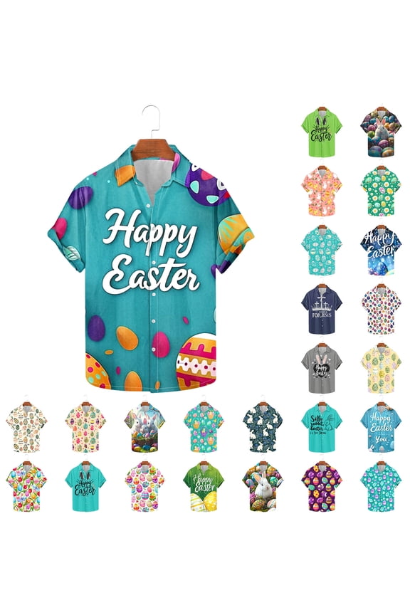 Spring Clearance 2025 Easter Bowling Shirts for Men Funky Hawaiian Shirt Big and Tall Casual Bunny Eggs Printed Button Down Shirts Lightweight Short Sleeve Beach Tops Multicolor XXL