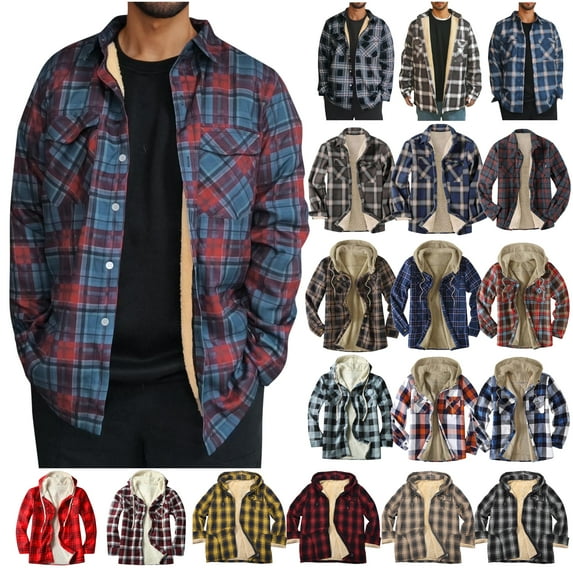 Feancey Weekly sale 2025 Men's Thermal Sherpa Lined Hooded Flannel Shirt Jacket,Plaid Shirts Jacket for Men Button Down Long Sleeve Winter Soft Fleece Warm Coat