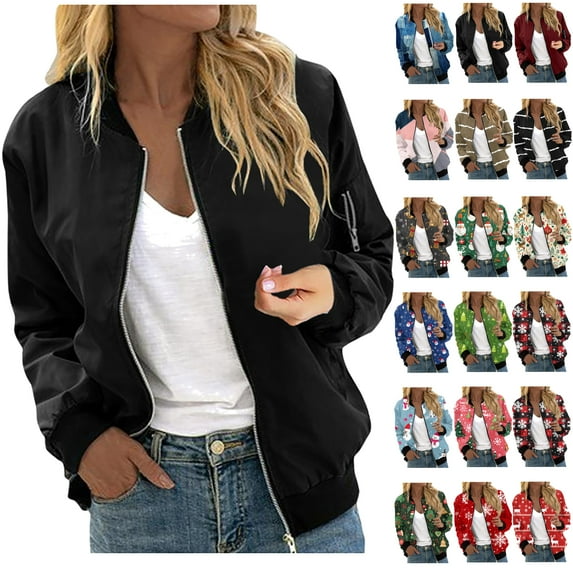 Feancey Spring Sales Women Bomber Jackets Lightweight Solid Cropped Jackets Casual Stand Collar Zip Up Short Coat Comfy Long Sleeve Fashion Outwear Wine L