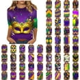 thumbnail image 1 of Feancey Spring Sales Womens 3/4 Sleeve Mardi Gras Tops Novelty Mask Graphic Crewneck T-Shirts Comfy Loose Carnival Themed Party Blouse Parade Pullover Tee Purple L, 1 of 6