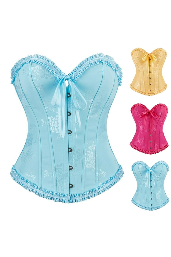 Strapless Corset Tops for Women Ruffled Trim Push Up Bustier Lace Vintage Overbust Corsets Tie Back Body Shaper Halloween Costumes Hot Pink XS