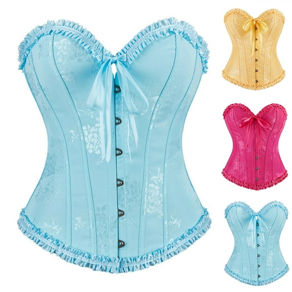 Feancey Strapless Corset Tops for Women Ruffled Trim Push Up Bustier Lace Vintage Overbust Corsets Tie Back Body Shaper Halloween Costumes Hot Pink M
