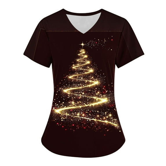 Feancey Stretch Scrub Tops for Women Novelty Graphi Christmas Tree Print Nursing Uniforms Xmas Casual V-neck Medical Scrubs Shirts with Pockets Back to School Prime Sales Multicolor#25 XXL