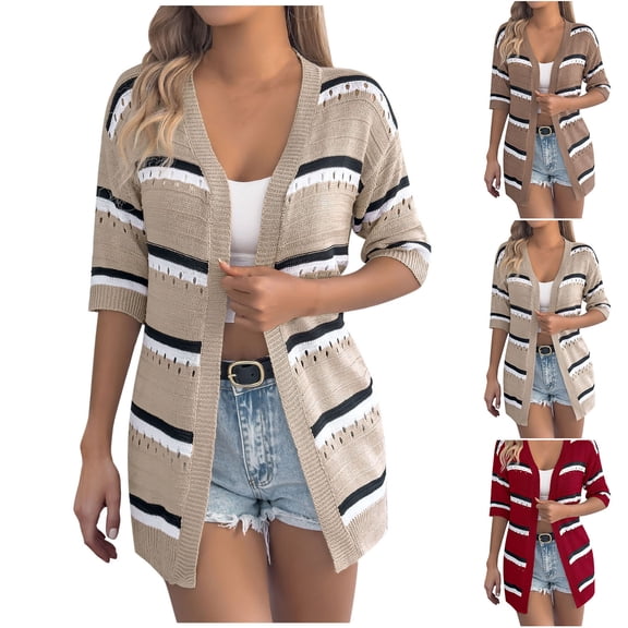 Feancey Striped Cardigans for Women Trendy Half Sleeve Cardigan Jacket Lightweight Casual Open Front Bolero Shrugs Soft Cozy Jackets Coffee XL