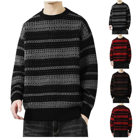 Feancey Striped Sweater Mens Color Block Knitted Pullover Round Collar Fashion Drop Shoulder Jumper Tops Comfy Casual Loose Ribbed Knit Sweaters Limited Time Deal Coffee XL