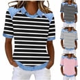 thumbnail image 1 of Feancey Striped T Shirts for Women Denim Contrast Collar Waffle Knit Tops Loose Fit Casual Daily Wear Tees Comfy Soft Summer Blouse White XL, 1 of 6