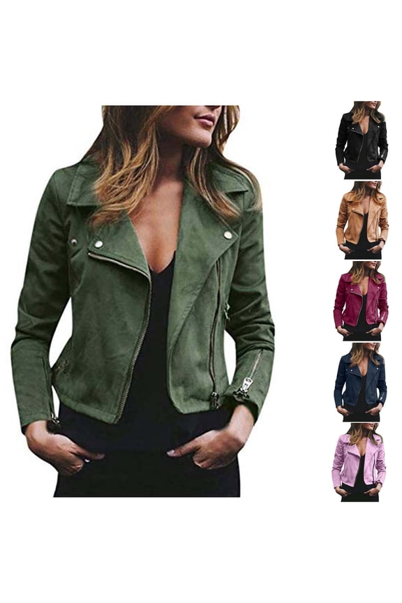 Suede Leather Jacket Women Motorcycle Zip up Jackets Lapel Long Sleeve Cropped Jacket Fall Winter Fashion Trench Coat Green S