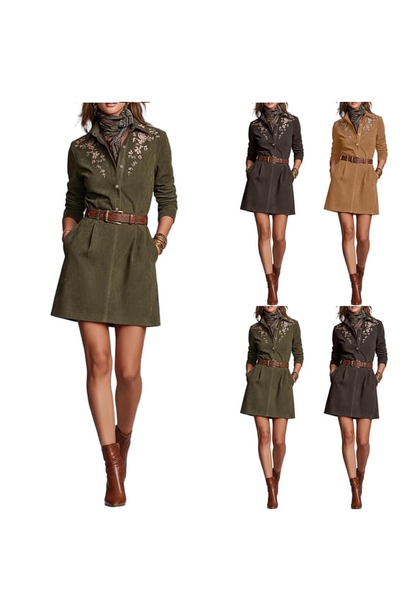 Suede Mini Dresses for Women Western Embroidered Floral Vintage Dress Long Sleeve Lapel Collar Button Up Shirt Dresses with Pockets Coffee S