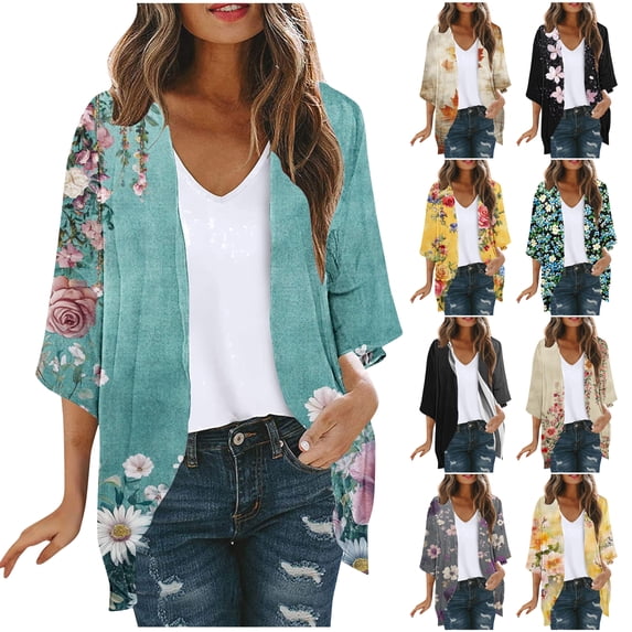 Feancey Summer Cardigans for Women Lightweight 3/4 Sleeve Cute Floral Print Open Front Beach Cover Up Long Cardigans Jackets Sales Today Clearance! Multicolor S
