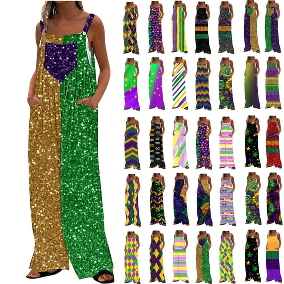 Feancey Flash Sales Today Clearance Mardi Gras Baggy Overalls for Women Trendy Sequin Print Wide Leg Jumpsuits Carnival Casual Loose Sleeveless Rompers Sparkly Party Jumpsuit Multicolor L