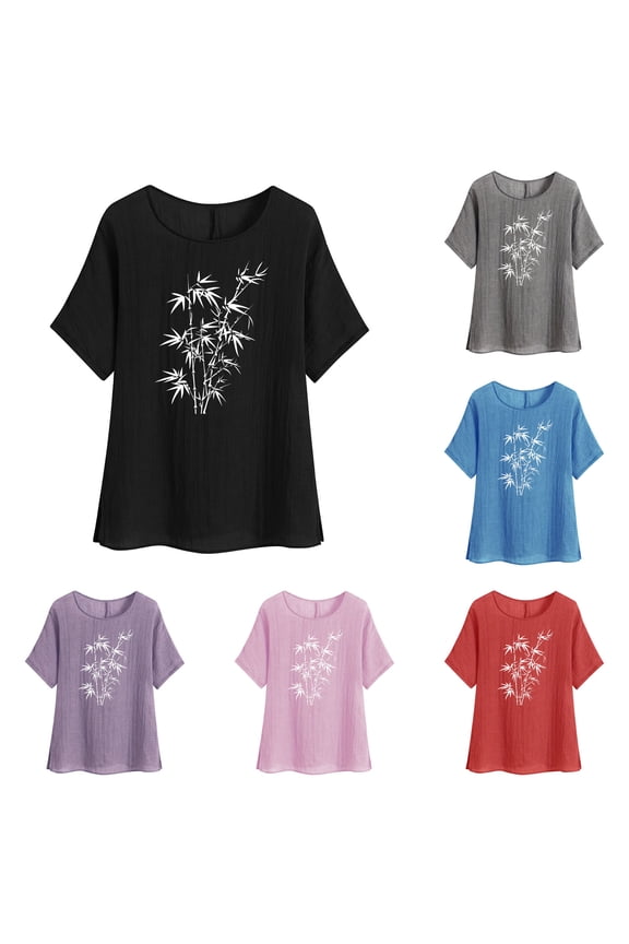 Summer Cotton Linen Tops for Women Vintage Short Sleeve Round Neck Blouse Side Slit Casual Boho Print T-Shirts Lightweight Loose Beach Shirt Holiday Gifs Gray XL