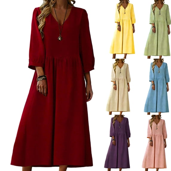Feancey Summer Dresses for Women 3/4 Sleeve V Neck Linen Dress Solid Color Loose Fit Midi Dresses Flowy Swing Vacation Dress Pink XXL