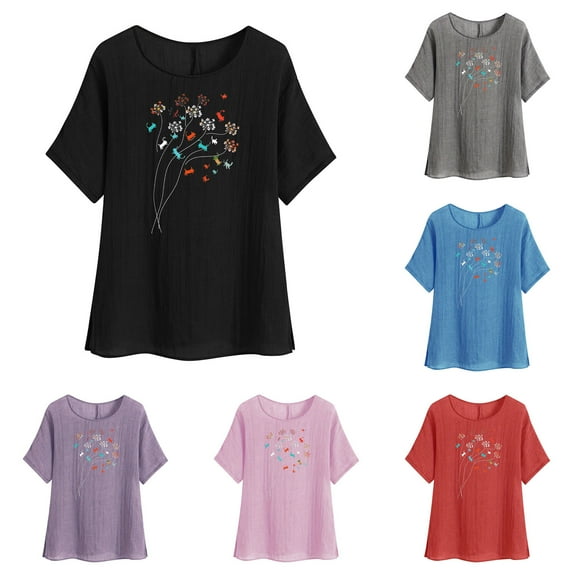 Feancey Summer Floral Tops for Women Cotton Linen Casual Boho T Shirts Short Sleeve Crewneck Work Blouse Side Slit Loose Vacation Tshirt Holiday Sales Today Clearance Gray M