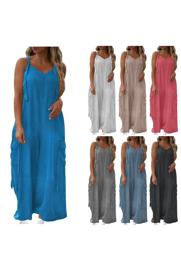 Summer Jumpsuits For Women 2025 Casual Oversized Wide Leg Overalls Tie Strap Sleeveless V Neck Rompers Solid Color Baggy Playsuits with Pockets Blue XXL