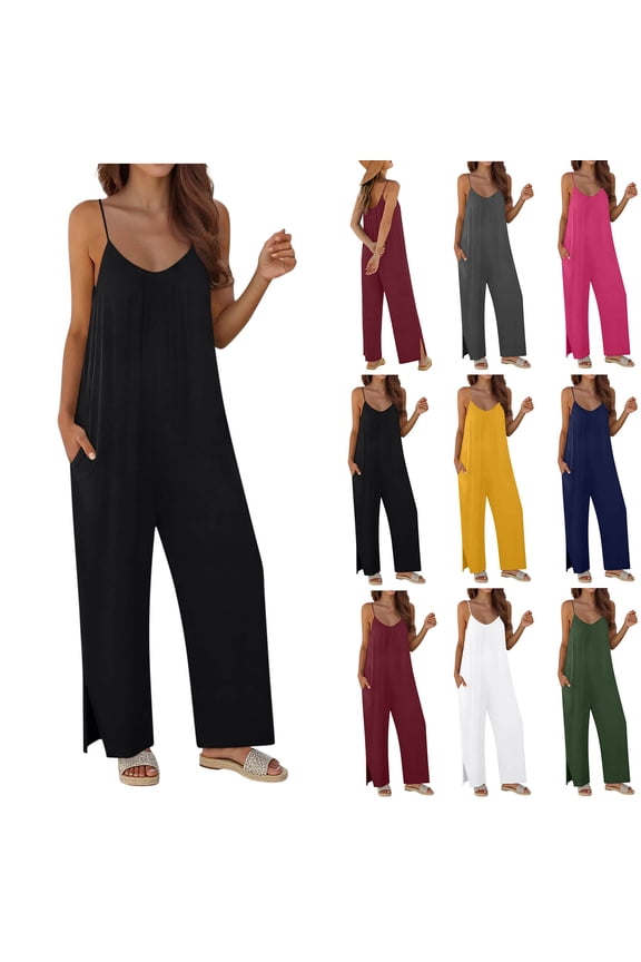 Summer Jumpsuits for Women Trendy Split Wide Leg Rompers Spaghetti Strap Backless One Piece Jumpsuit with Pockets Casual Beach Vacation Clothes Army Green L