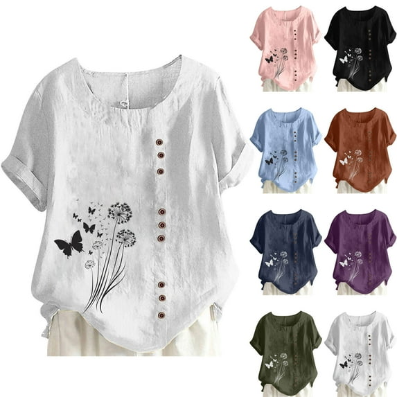Feancey Summer Linen Blouses for Women Floral Printed Plus Size Tunic Tops Loose Fit Dressy Casual Short Sleeve Crewneck Tee Boho Vacation Tshirt Pink L