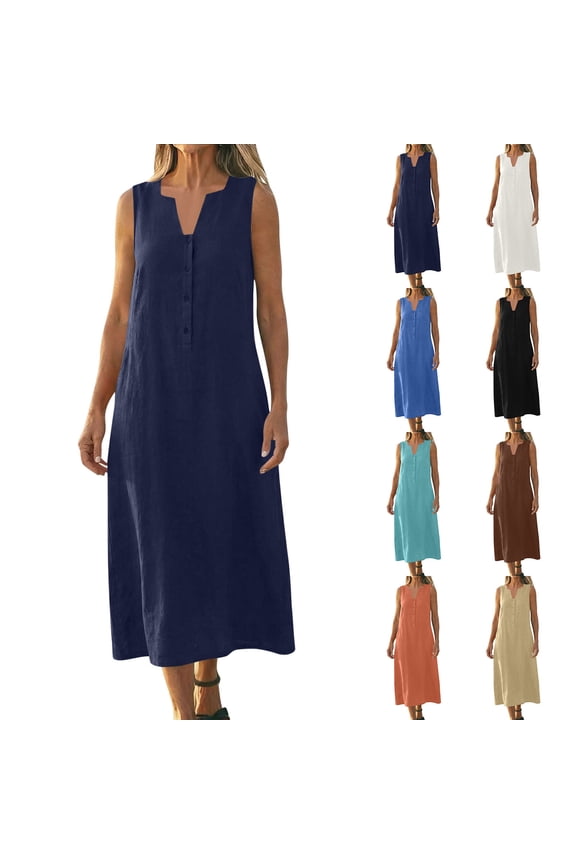 Summer Linen Dresses for Women Button Notch V Neck Sleeveless Midi Dress Casual Gauze Shift Dress Loose Fit Lightweight Vacation Dresses Black XL