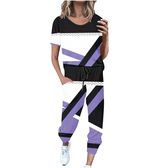 Feancey Summer Lounge Sets for Women,2025 Womens 2 Piece Color Block Outfits Casual Crew Neck Short Sleeve Tops Long Pants Tracksuit Jogger Set with Pockets