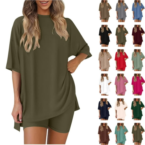 Feancey Summer Lounge Sets for Women 2 Piece Short Sleeve Tops and Boyshorts Travel Outfits Soft Casual Two Piece Workout Sets Brown L