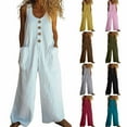 thumbnail image 1 of Feancey Summer Overalls for Women 2025 Linen Wide Leg Jumpsuits Button Casual Sleeveless Rompers Solid Color Baggy Hippie Jumpsuit with Pockets Green M, 1 of 8