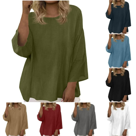 Feancey Summer Plus Size Tops for Women Double Layer Gauze 3/4 Sleeve Blouses Solid Color Casual Loose Vacation Tshirts Loose Fit Tee Blouse Khaki 4XL