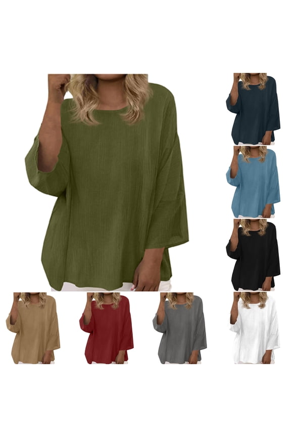 Summer Plus Size Tops for Women Double Layer Gauze 3/4 Sleeve Blouses Solid Color Casual Loose Vacation Tshirts Loose Fit Tee Blouse White XXL