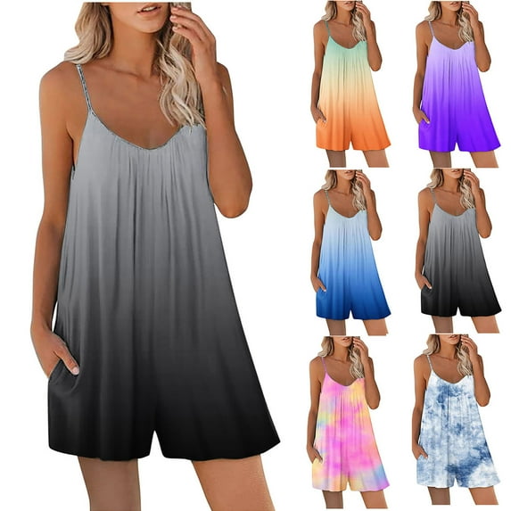 Feancey Summer Rompers for Women Trendy Gradient Print Short Jumpsuits Summer Sleeveless Adjustable Spaghetti Strap Romper One Piece Shorts with Pockets Daily Sales Light Blue S