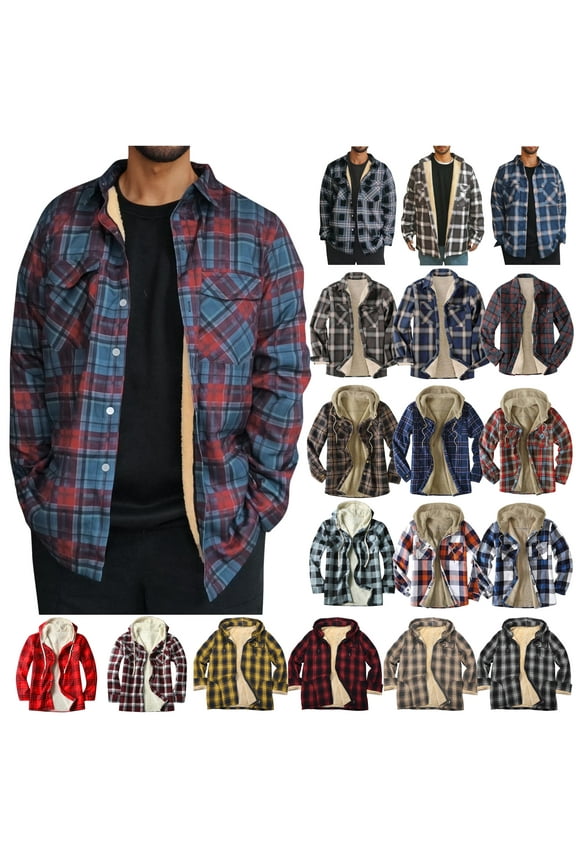 Summer Sales Clearance Mens Sherpa Fleece Lined Flannel Shirt Jacket Winter Button Down Lapel Plaid Coats Loose Fit Casual Thicken Plush Warm Jackets with Pockets Navy 3XL