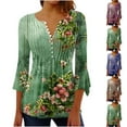 thumbnail image 1 of Feancey Floral Henley Shirts for Women Dressy Casual 3/4 Sleeve Button V-neck Blouse Pleated Loose Tunic Tops Boho Printed Summer Tshirts Blue L, 1 of 6