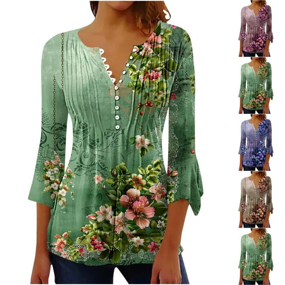 Feancey Floral Henley Shirts for Women Dressy Casual 3/4 Sleeve Button V-neck Blouse Pleated Loose Tunic Tops Boho Printed Summer Tshirts Blue L