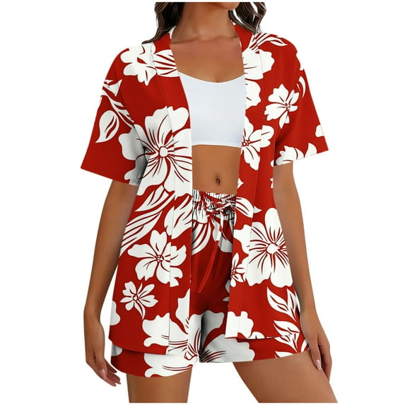 Feancey Summer Sets for Women Floral Beach Cover Ups Short Sleeve Open Front Cardigans High Waisted Shorts 2 Piece Outfits Lounge Vacation Set Red XXL