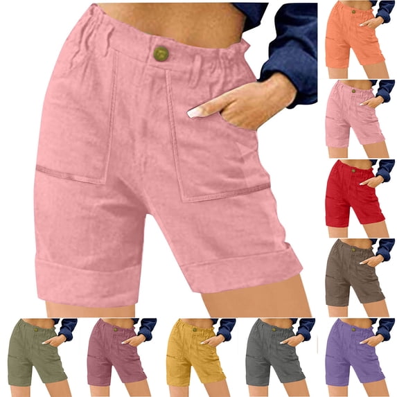 Feancey Summer Shorts for Women Stretch High Waist Zip Up Straight Leg Shorts Solid Color Casual Beach Shorts Workwear with Pockets Purple S
