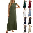 thumbnail image 1 of Feancey Summer Tank Dresses for Women Side Split Casual Beach Sundress Loose Fit Sleeveless Maxi Dresses Solid Color Vacation Long Dress Light Blue M, 1 of 8