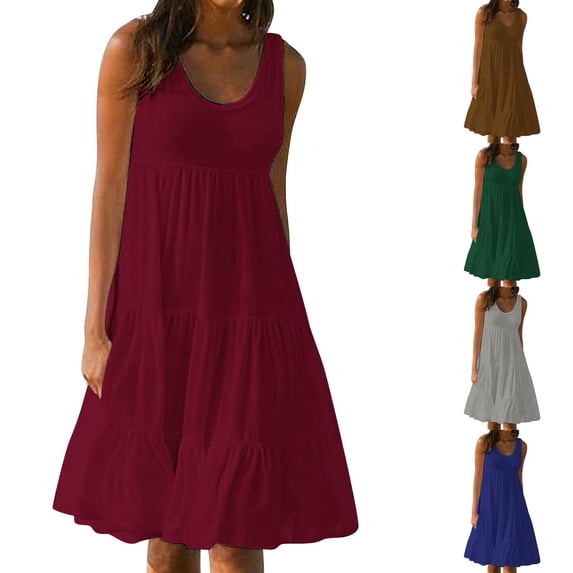 Feancey Summer Tank Dresses for Women Sleeveless Flowy Tiered Dress Scoop Neck Casual Mini Dresses Solid Color Loose Beach Sundress Coffee S