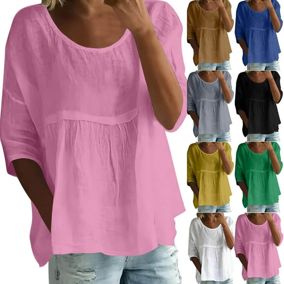 Feancey Summer Tops for Women Linen 3/4 Sleeve Blouse Round Neck Casual Loose Tunics Beach Vacation Pullover Tees Pink XL