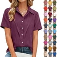 thumbnail image 1 of Feancey Summer Tops for Women Linen Short Sleeve Button Down Shirts Dressy Casual Lapel Collar Blouses Loose Fit Office Work Shirt Blue XL, 1 of 8
