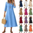 thumbnail image 1 of Feancey Summer Vacation Dresses for Women Linen 3/4 Sleeve V Neck Midi Dresses Solid Color Loose A-Line Shift Dress with Pocket Brown XXL, 1 of 10