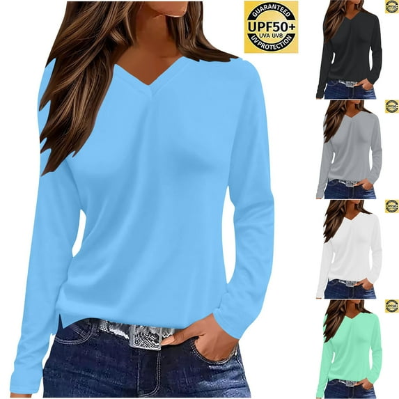 Feancey Sun Shirts for Women UPF 50+ Long Sleeve V Neck Tops Fall Casual UV Protection T-Shirts Solid Color Loose Basic Tees Light Blue S