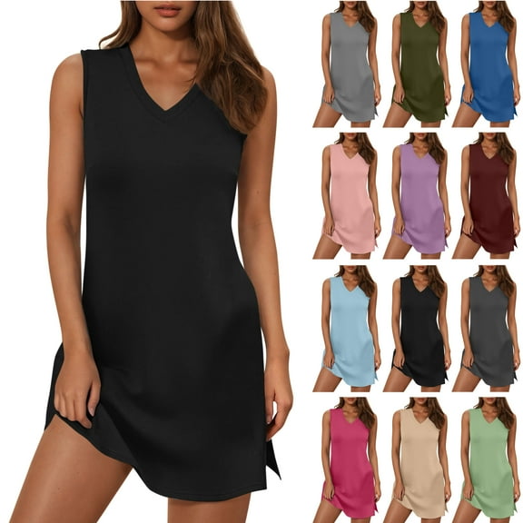 Feancey Sundresses for Women 2025 Summer Casual V Neck Tank Dress Dressy Trendy Side Slit Mini Dresses Solid Color Beach Dress Black L