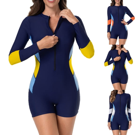 Feancey Surfing Rash Guards for Women Boyleg One Piece Bathing Suits Long Sleeve Zip Up Swimsuits Colorblock Casual Beach Activewear Blue M