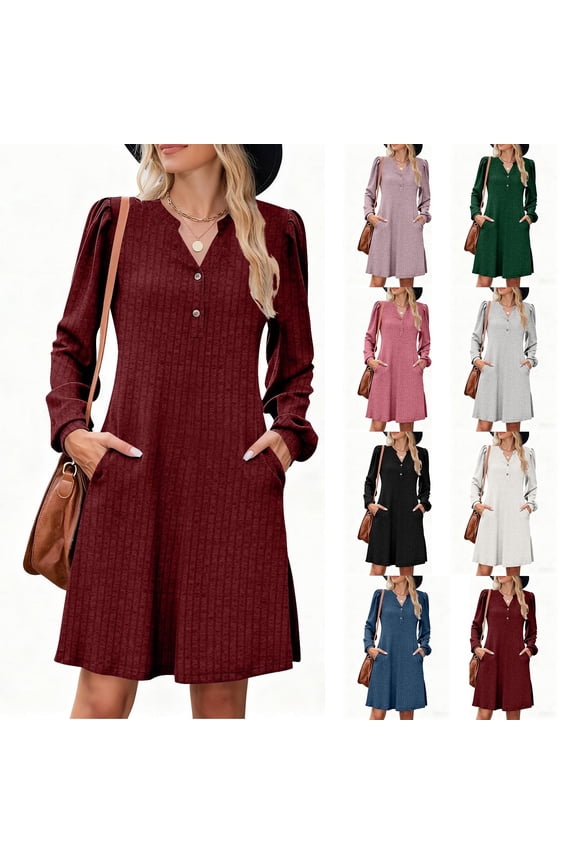 Sweater Dresses for Women Ruch Long Sleeve Button V Neck A-Line Dress Ribbed Knit Casual Mini Dresses Side Split Trendy Vacation Dress with Pockets Wine S