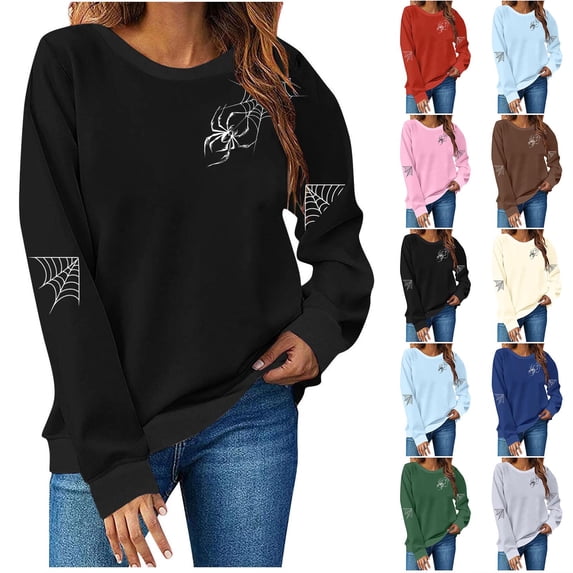 Feancey Sweatshirt for Women Oversized Halloween Graphic Sweatshirts Vintage Spider Web Print Long Sleeve Shirt Teen Girl Crewneck Pullovers Pink S